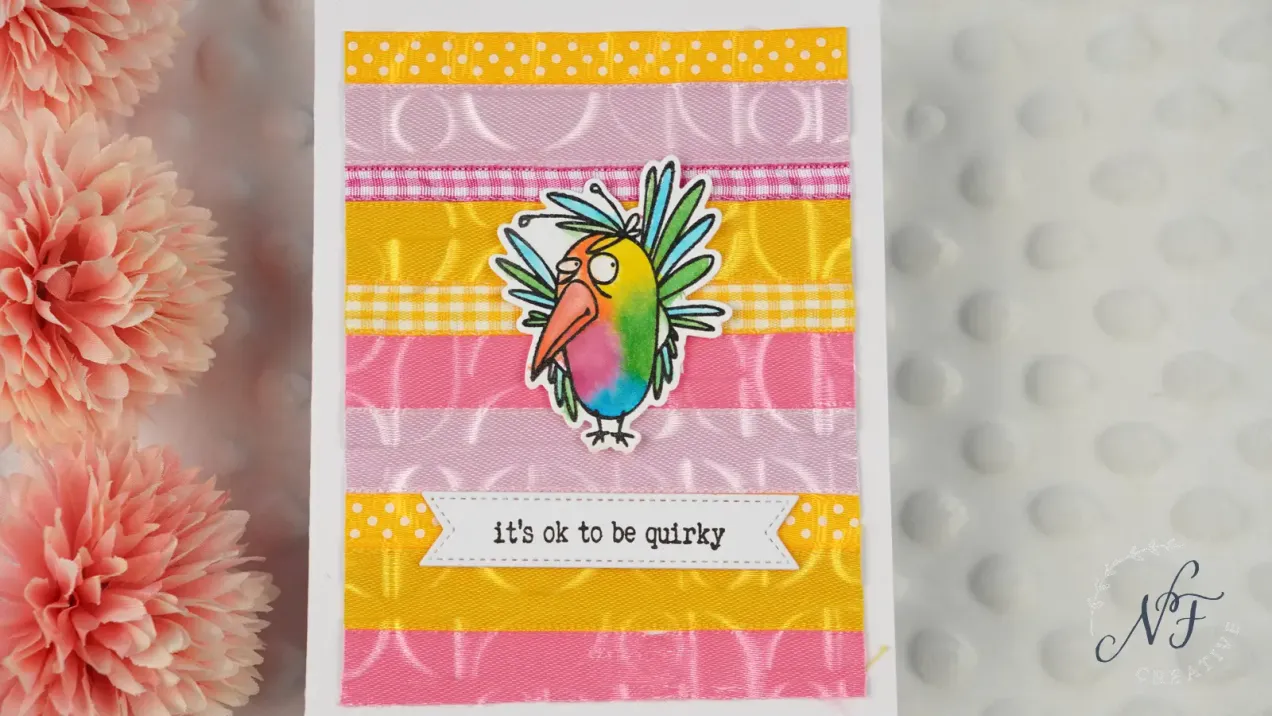 Cute birdy in front of pink and yellow ribbon background by Natasha Foote Creative